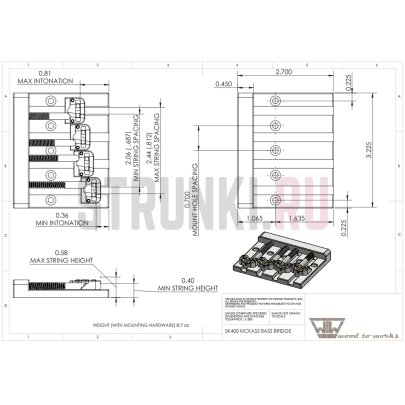 Бридж для 4-струнной бас-гитары HIPSHOT KickAss Bass Bridge 5K400B, черный