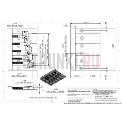 Бридж для 5-струнной бас-гитары HIPSHOT KickAss Bass Bridge 5K501C, Style 1, хром