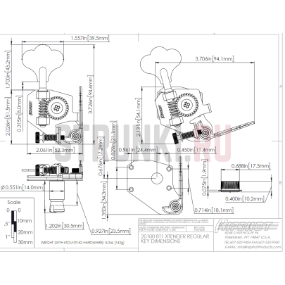 Одиночный басовый колок HIPSHOT BT7 Bass Xtender 20700N, прямой, никель