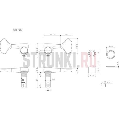 Колки 4+2 для 6-струнной бас-гитары GOTOH GB707, cosmo black