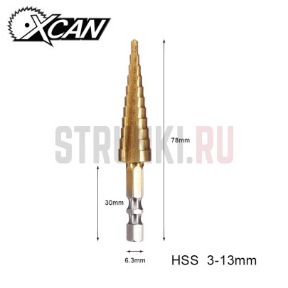Сверло ступенчатое 3-13мм, с титановым покрытием.