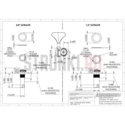 Колки 4 в линию для бас-гитары HIPSHOT Ultralite HB6 Y 3/8" 20650B, Y бутон, (14 мм), черный