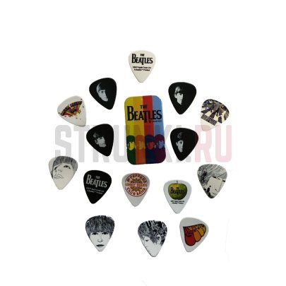 Набор медиаторов Planet Waves by D'Addario 1CAB4-15BT2 Beatles Signature Stripes, в жестяной коробочке, средние, упаковка 15 шт.