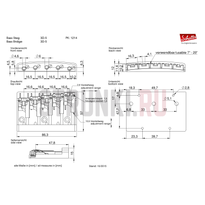Бридж для 5-струнной бас-гитары SCHALLER 12140200 3D-5, хром