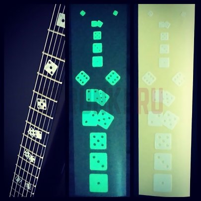 Наклейка на гриф гитары "Игральные кости" Струнки.ру, светится в темноте