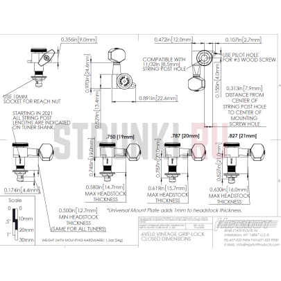 Колки 6 в линию локовые HIPSHOT CLASSIC CLOSED 6K1EN0C-04 STAG, хром