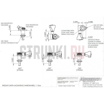 Колки 6 в линию HIPSHOT CLASSIC OPEN 6GN0CT-07 реверсные, хром