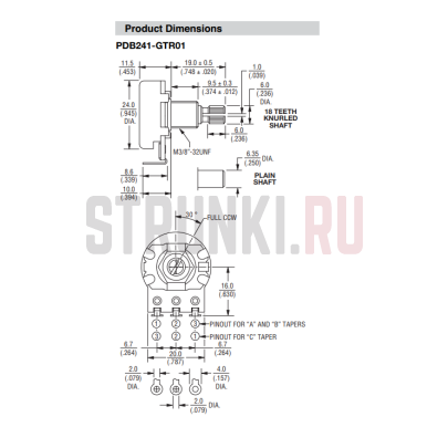 BOURNS PDB241-GTR01-504A2 потенциометр A500K, длина резьбы 9.5 мм