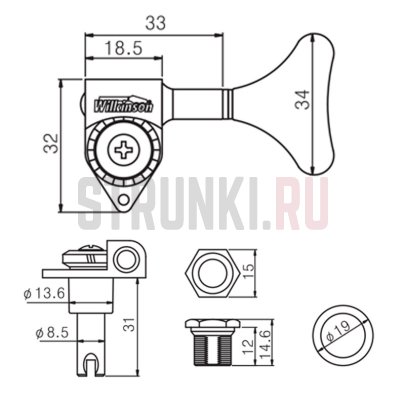 Колки 5 в линию для бас-гитары WILKINSON WJB750-GD