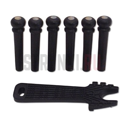 Втулка (бобышка) для акустической гитары Pickboy PBBP150W, черная, 6 шт в комплекте + устройство для извлечения бобышек