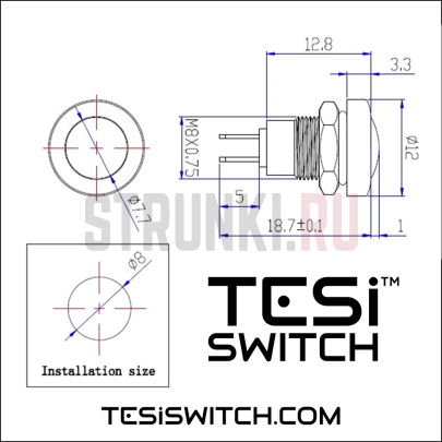 Kill Switch для электрогитары Tesi MICRO Metal, Momentary, хром, 8мм