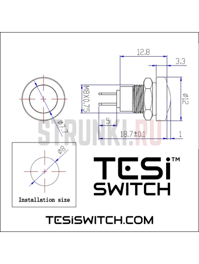 Kill Switch для электрогитары Tesi MICRO Metal, Momentary, хром, 8мм