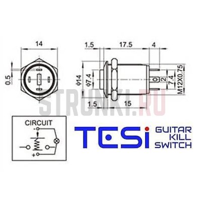 Kill Switch для электрогитары Tesi POCO LED, Momentary, хром/голубой, 12мм