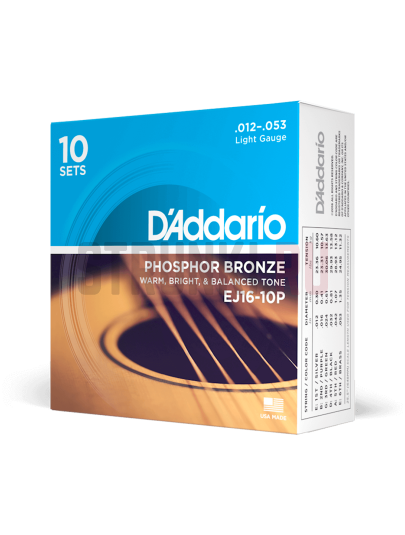 Струны для акустической гитары D'Addario EJ16-10P Phosphor Bronze 12-53, 10 комплектов в одной упаковке