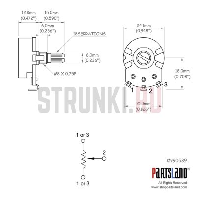 PARTSLAND VL2415HB-A250K потенциометр A250K, длина резьбы 6 мм
