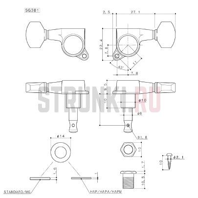 Колок одиночный GOTOH SG381-HAPM-07, fi 1.2, Short, левый, черный