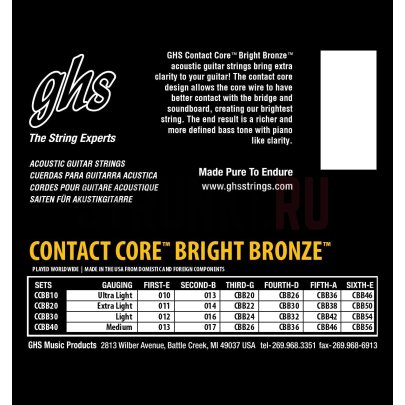 Струны для акустической гитары GHS CCBB20 Contact Core Bright Bronze 80/20, бронза 80/20 - (11-50)