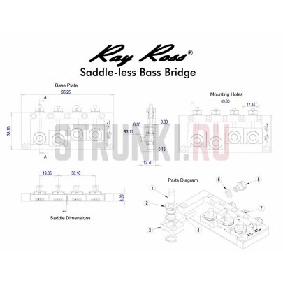 Бридж для 4-струнной бас-гитары Ray Ross RRB4B, черный