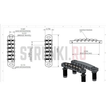 !УЦЕНКА! Бридж T-O-Matic HIPSHOT 4TM060NB-G, с насечками, никель
