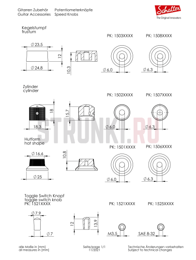 Набор ручек потенциометра Schaller 15030100, метрические, никель, 2 шт.