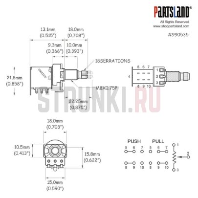 Partsland VLP1-B250K потенциометр PUSH-PULL B250K, длина резьбы 10мм