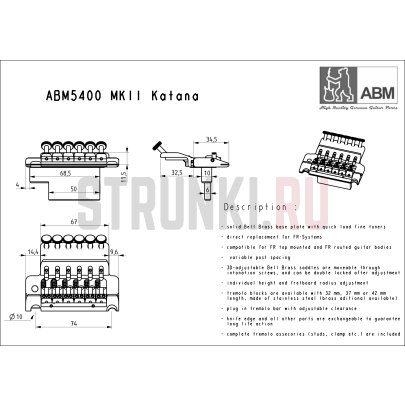 Тремоло система Floyd Rose ABM, 5400b, низкопрофильное, черный хром, сустейн блок - 37 мм