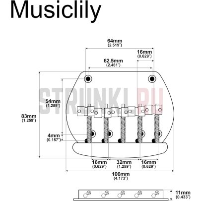 Бридж для 5-струнной бас-гитары Musiclily MX2825CR, хром