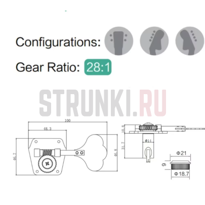 Колки 2+2 для бас-гитары Guyker GK530T, карбон, хром