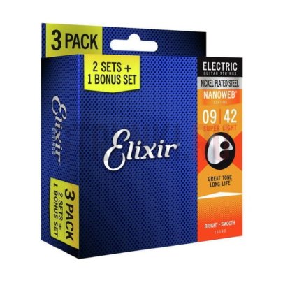 Струны для электрогитары Elixir 16540 Nanoweb Super Light 3-Pack 9-42