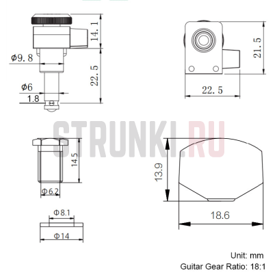 Колки 6 в линию локовые Guyker GK-434SP, левые, хром