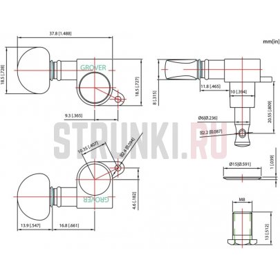 Колки для электрогитары, 3+3 GROVER 205g, мини, золото