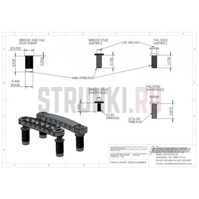 Комплект бридж + струнодержатель Hipshot 4TM060B-U черный, без насечек, metric
