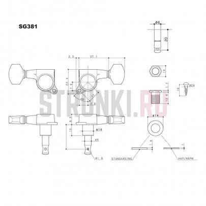 Колки локовые, ручной зажим, 6 в линию реверс, черный , schaller style Gotoh SG381-MG-T-07-B-(R6)