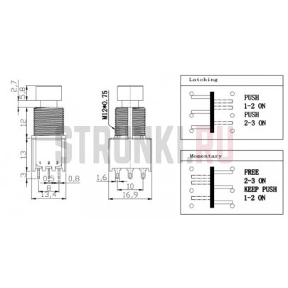 Мини-переключатель (кнопка) для педалей эффектов PARTS 3PDT, True Bypass, Momentary по щелчку, ON-ON, чёрная