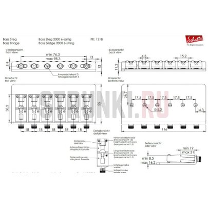 Бридж для 6-струнной бас-гитары SCHALLER 12180400 Bass Bridge 2000, черный